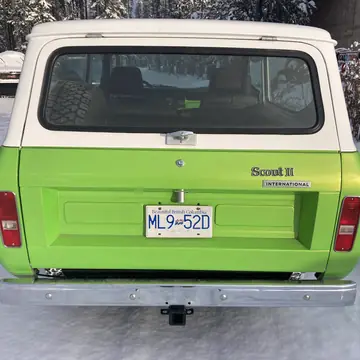 Rear of the restored Scout II with the tailgate badge and new bumper